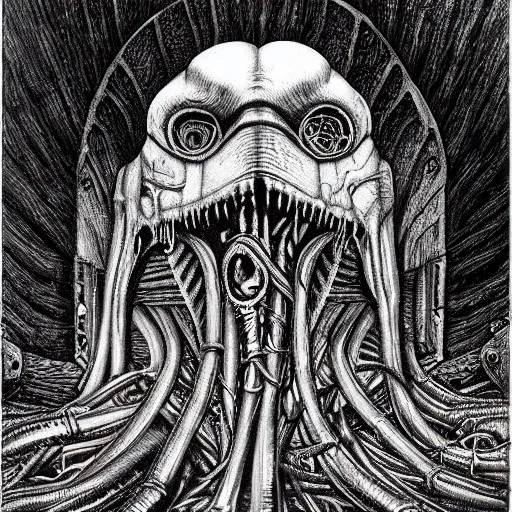 Prompt: lovecraftian horror by hr giger