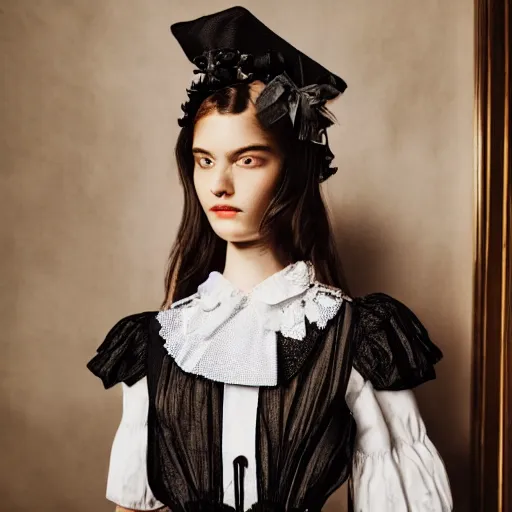 Image similar to close up of a fashion model with french maid dress, official valentino editorial, highly detailed