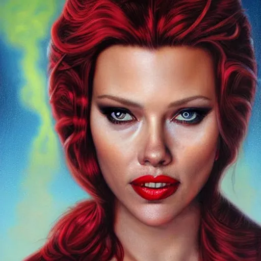 Prompt: a hyperrealistic painting of Scarlett Johanson as an evil witch by Jason Edmiston,