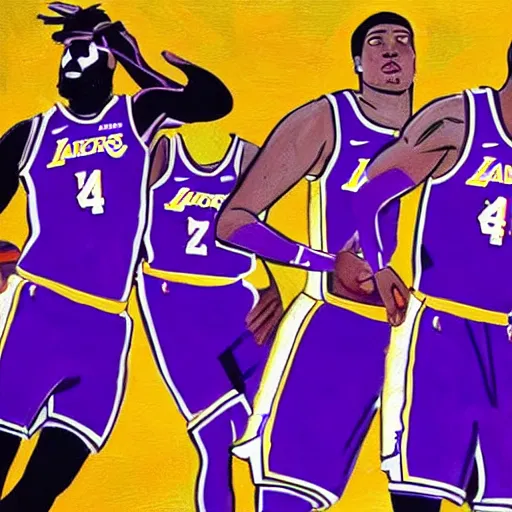 Prompt: the Los Angeles Lakers in the las supper painting