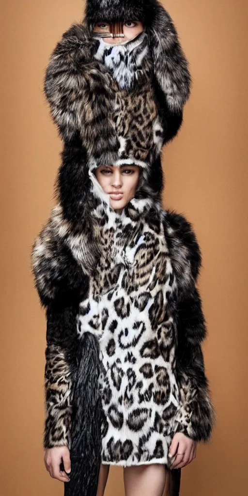 Image similar to a beautiful cyborg made of animal print fur