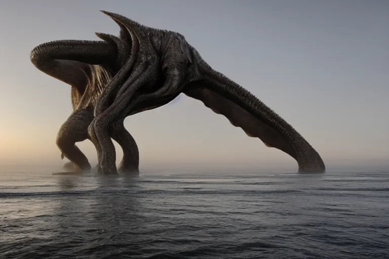 Image similar to giant VFX movie of cthulhu rising out of the ocean in Malibu, towering over, 14mm morning natural light by Emmanuel Lubezki