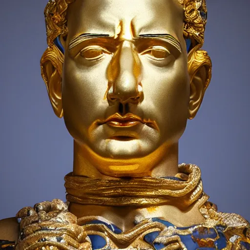 Image similar to portrait of jeff bezos in the form of a giant greek statue in pure gold, with a gold crown, baroque elements in the background, museum. intricate artwork by michelangelo. photorealistic. ultra detailed. flash. octane render. cinematic. 4 k bokeh.