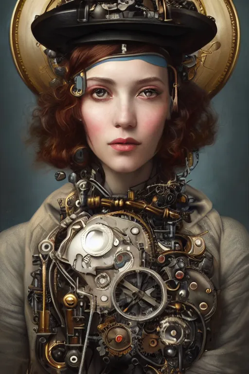 Image similar to a beautiful ultra detailed fine art portrait of a steampunk cyborg wearing a graduation hat, by tom bagshaw and anna dittman, studio lighting, golden ratio composition, 3 5 mm lens, cybernetic scifi, deep depth of field, artstation, 8 k