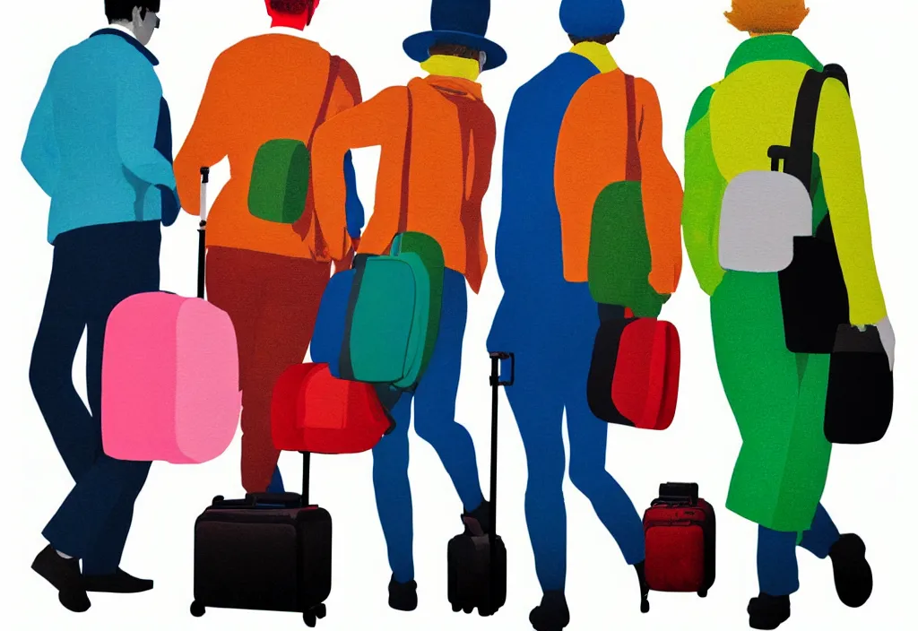 Image similar to full body portrait of a trio of european tourists autumn travel apparel, various poses walking and carrying luggage, character designs painting, in the style of wes anderson, rene magritte, lola dupre, david hockney, isolated on white background, dark monochrome neon spraypaint accents volumetric octane render