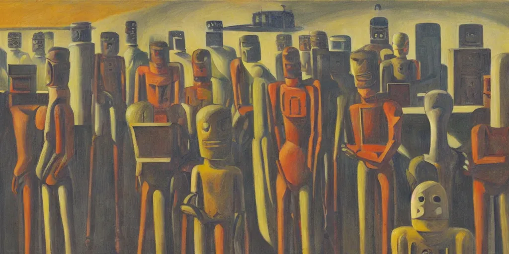 Image similar to row of robots guarding a brutalist castle, evil visages, dystopian, pj crook, edward hopper, oil on canvas