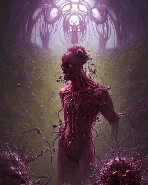 Image similar to the platonic ideal of flowers, rotting, insects and praying of cletus kasady carnage thanos davinci dementor chtulu mandala ponyo dinotopia the witcher, fantasy, ego death, decay, dmt, psilocybin, concept art by randy vargas and greg rutkowski and zdzisław beksinski