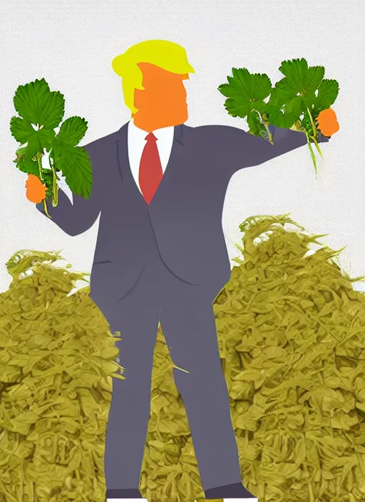 Image similar to digital portrait of a enthusiastic person looking like donald trump cultivating weed, holding pack of dollars in right hand, illustration realistic