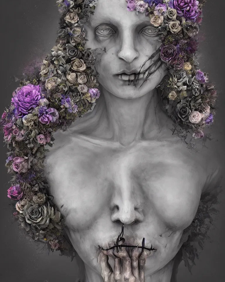 Image similar to a digital painting of the face of a gothic cemetery statue made of mist and flowers, cinematic lightning, Andrew Ferez, Charlie Bowater, Marco Mazzoni, Seb McKinnon, Ryohei Hase, Alberto Seveso, Kim Keever, trending on cgsociety, featured on zbrush central, new sculpture, mystical