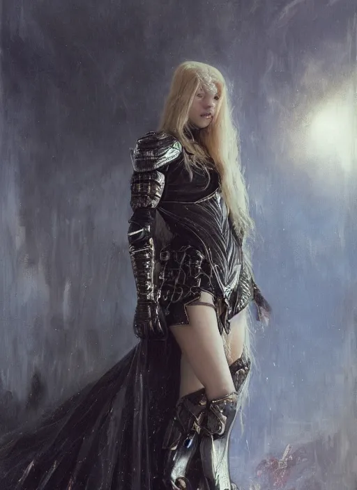 Image similar to young blonde vampire woman wearing black medieval armour, by gaston bussiere, bayard wu, greg rutkowski, giger, maxim verehin, greg rutkowski, masterpiece, sharp focus, cinematic lightning