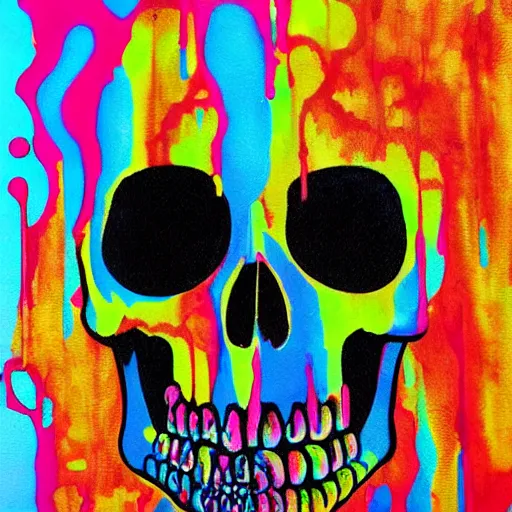 Image similar to drippy, dripping paint, skull, psychedelic, glitch, miyazaki style, exaggerated accents