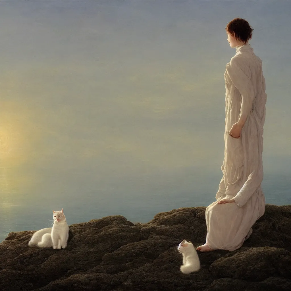 Image similar to an android girl with a white cat by caspar david friedrich, in the sunset ， sitting on the edge of a cliff ， look at the sea ， hyperrealistic, clean, pure, elegant, highly detailed, digital painting, artstation, concept art, smooth, sharp focus, illustration,