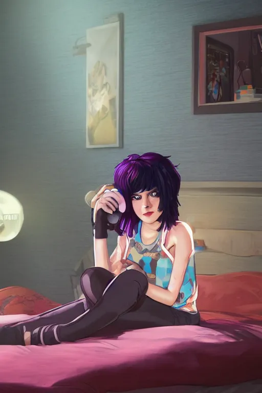 Image similar to ramona flowers from scott pilgrim sitting on her bed listening to music, highly detailed, wide shot, intricate, fearful, mystical, sharp focus, Trending on Artstation HQ, deviantart, unreal engine 5, 4K UHD image