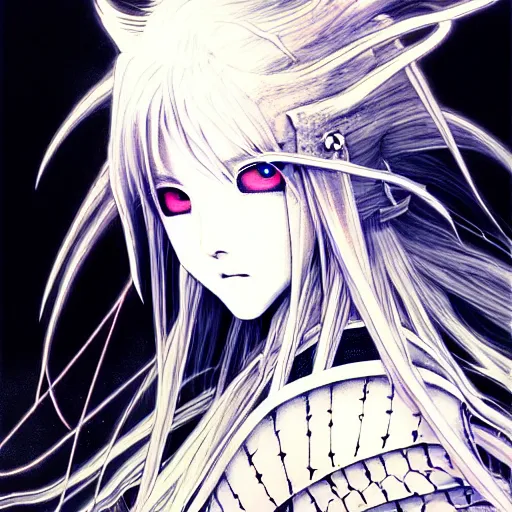 Image similar to Yoshitaka Amano blurred and dreamy illustration of an anime girl with wavy white hair and cracks on her face wearing Elden ring armour with the cape fluttering in the wind, abstract black and white patterns on the background, noisy film grain effect, highly detailed, Renaissance oil painting, weird portrait angle