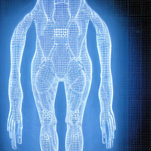 Image similar to detailed blueprint of a human on a hologram, sci-fi, futuristic, cgi
