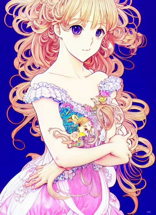 Image similar to manga of beautiful princess, rococo ruffles dress, pastel rainbow, pearlescent, shimmering, reflective, rim light, detailed background, takeshi obata, minaba hideo, shigenori soejima, alphonse mucha, illustration,, artstation, pivix, concept art, highly detailed, colorful, maximalist