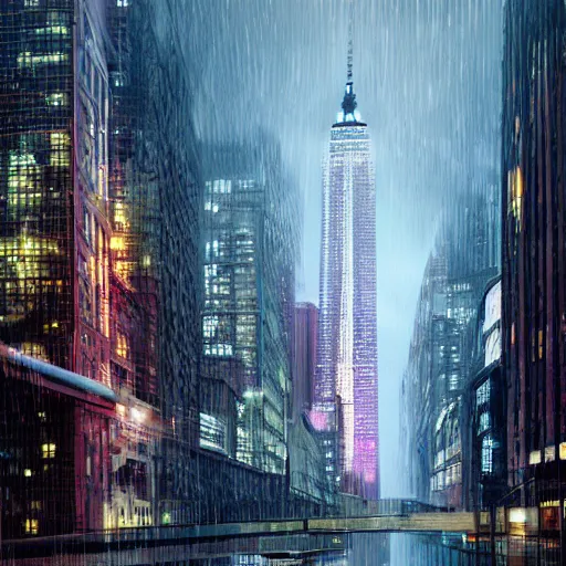 Image similar to futuristic city realistic new-york utopia photorealism rain reflection science-fiction ,8k