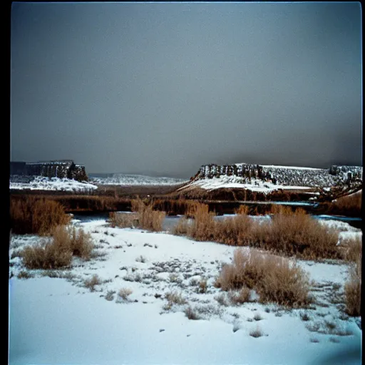 Prompt: photo, green river wyoming, snowstorm, kodak ektachrome 1 2 0,