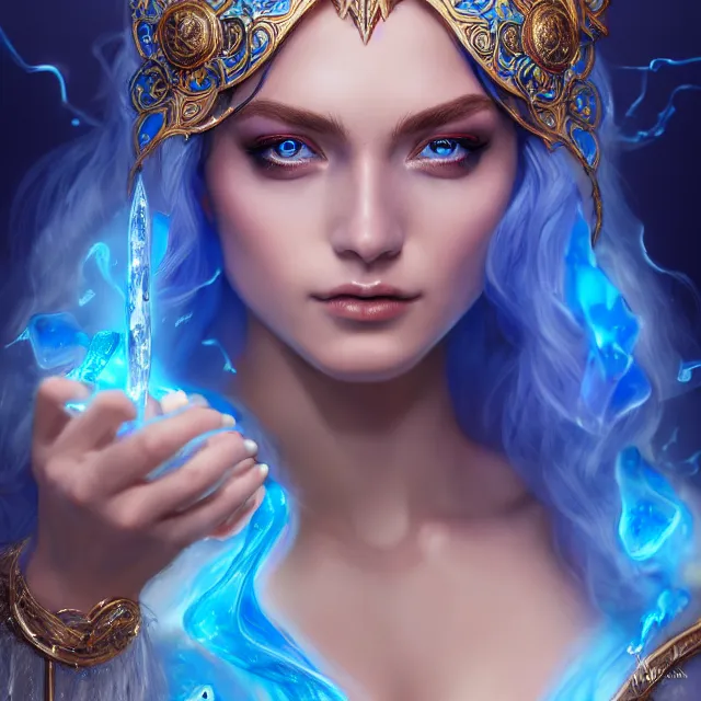Image similar to beautiful elemental water witch with ornate blue robes and staff, highly detailed, 4 k, hdr, smooth, sharp focus, high resolution, award - winning photo, artgerm, photorealistic