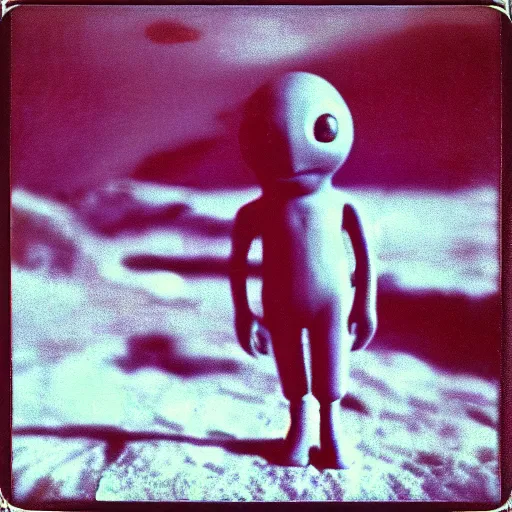 Image similar to vintage polaroid of a roswell grey alien sighting, warm azure tones, red color bleed, film grain