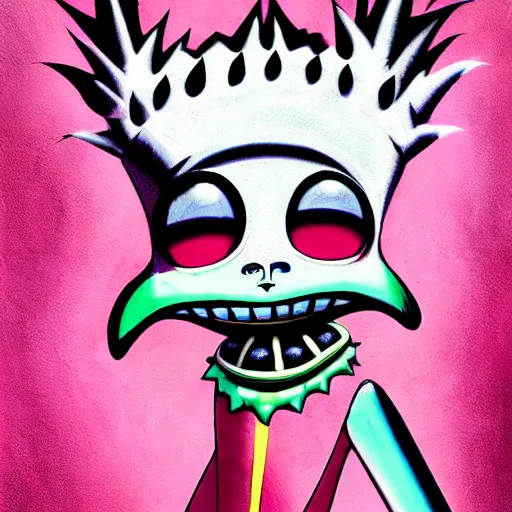 Image similar to a pink punk rock rapper alien with black spiked hair, an airbrush painting by Jamie Hewlett, cgsociety, symbolism, antichrist, aesthetic, 8k