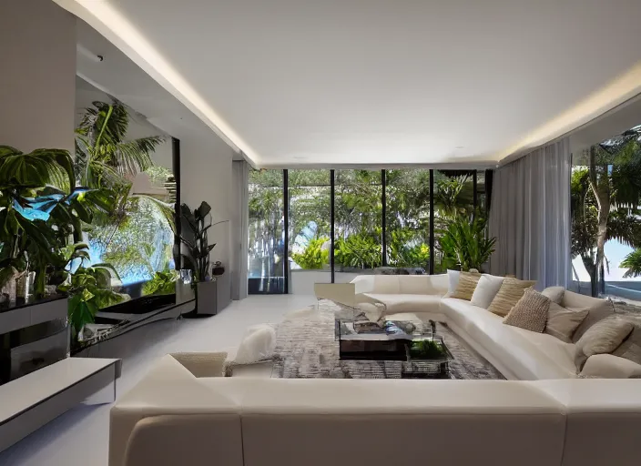 Image similar to 8 k photograph of stunning 2 0 2 2 miami modern living room, award winning design, designed by michael wolk + beatriz pascuali