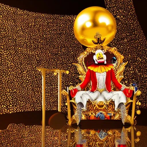 Prompt: shining majestic throne made of millions of diamonds, gold and zaphires with thousands of light reflections, and a stupid clown is sitting on the throne while handind a globe, 4 k