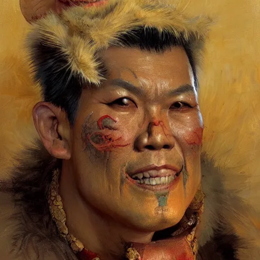 Prompt: closeup portrait of an asian scary man dressed as a chicken, highly detailed painting by gaston bussiere, craig mullins, j. c. leyendecker 8 k