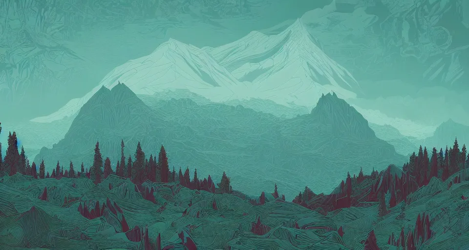 Image similar to a beautiful landscape with trees and mountains, by kilian eng