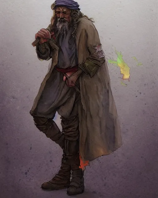 Image similar to a oil / watercolor painting full body character portrait of a homeless sorcerer in the style of moebius in the style of leonard boyarsky trending on artstation deviantart pinterest detailed photorealistic highlights and shadow hd 8 k post - processing high resolution