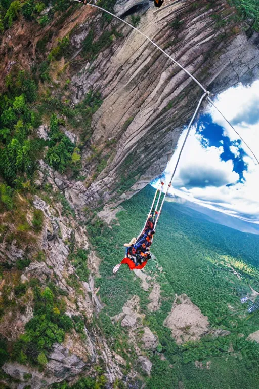 Image similar to bungee jump of a tiger flying with a large parachute jumping from a mountain cliff, wide angles lens