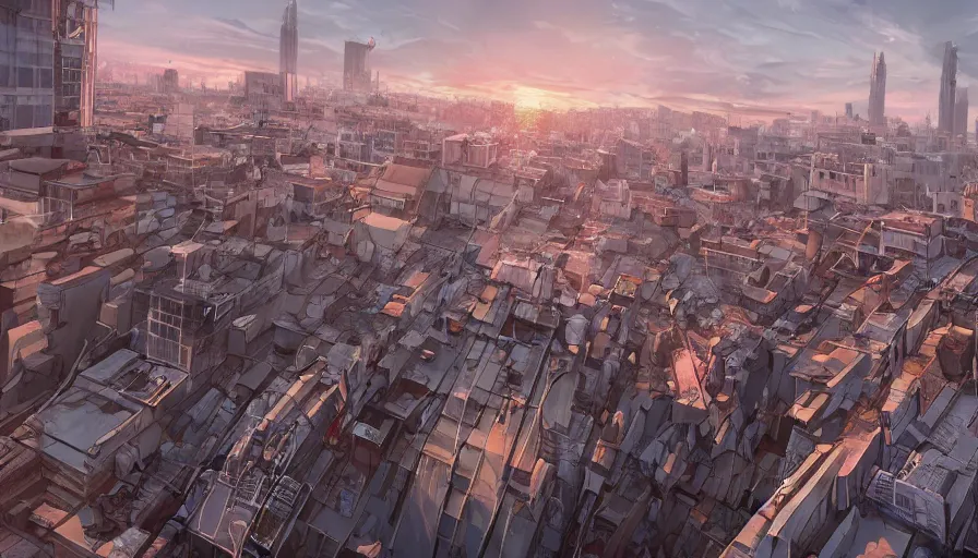 Image similar to people on rooftop looking city collapsing, sunrise, hyperdetailed, artstation, cgsociety, 8 k