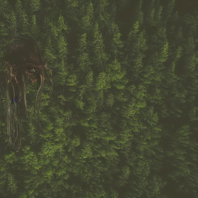 Image similar to bloody wendigo in forest at night, night vision, shot from drone, grainy