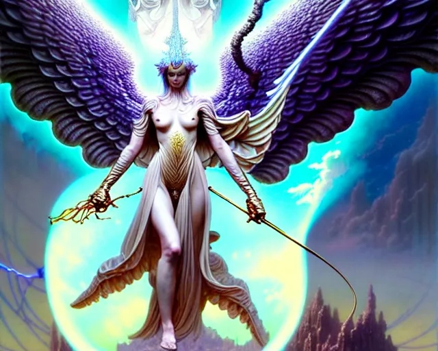 Prompt: the angel of transcendence standing over her army, fantasy character portrait made of fractals, ultra realistic, wide angle, intricate details, the fifth element artifacts, highly detailed by peter mohrbacher, hajime sorayama, wayne barlowe, boris vallejo, aaron horkey, gaston bussiere, craig mullins