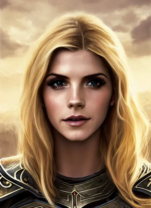 Image similar to portrait of a combination of Ashley Greene, Katheryn Winnick, Victoria Justice and Adriana Dxim, Grace Kelly, Emma Watson and Lily Collins with blonde hair wearing Paladin Armor from World of Warcraft, countryside, calm, fantasy character portrait, dynamic pose, above view, sunny day, thunder clouds in the sky, artwork by Jeremy Lipkin and Giuseppe Dangelico Pino and Michael Garmash and Rob Rey and Greg Manchess and Huang Guangjian, very coherent asymmetrical artwork, sharp edges, perfect face, simple form, 100mm