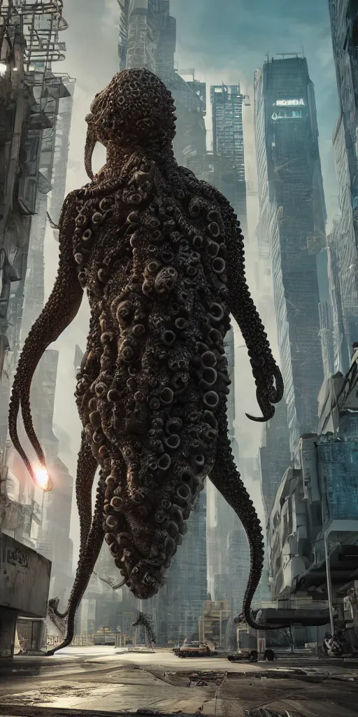 Image similar to hyperrealism, detailed textures, photorealistic 3 d cyberpunk octopus in apocalyptic city, futuristic clothing and helmet, ultra realistic, cinematic, intricate, cinematic light, unreal engine 8 k