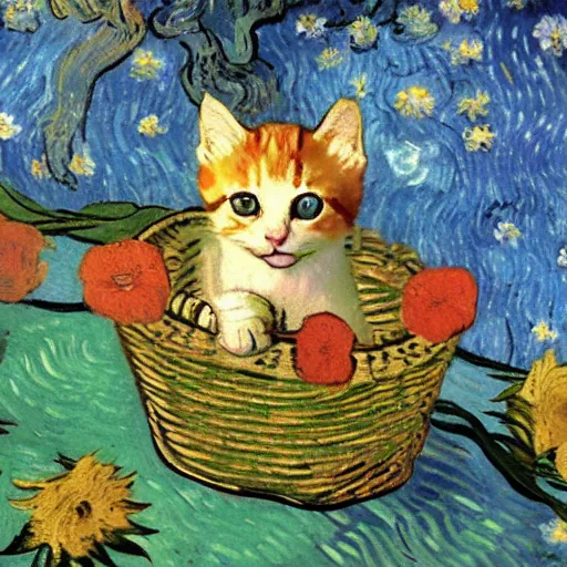 Prompt: cute kitten sitting in a basket of flowers floating down a river, surrounded by a lush forest, historic painting by van gogh, stunning detail, 8 k, beautiful