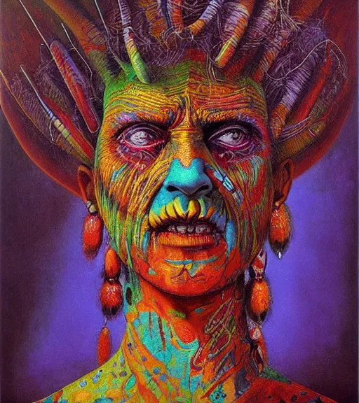 Image similar to Portrait painting in a style of Beksinski mixed with Alex Grey of an old shaman dressed in a colorful traditional clothes. psychodelic