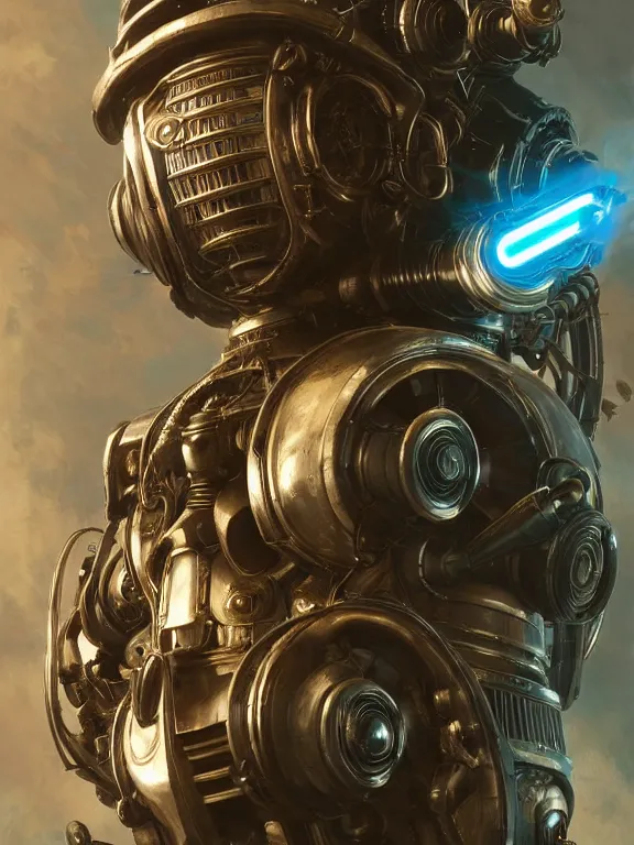 Image similar to portrait of a metallic robot from bioshock infinite, art by ryo shiotani and greg rutkowski, intricate, beautiful, cute, cinematic lighting, vintage art by serge ivanoff, high resolution, very detailed