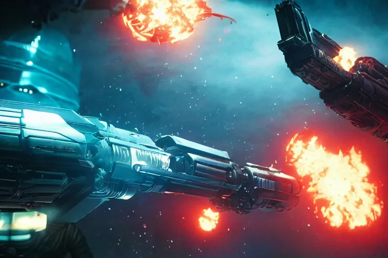 Image similar to VFX movie of a futuristic inhuman alien spacemarines in future spaceship, firing gun at space pirates detailed creature skin neon lighting combat by Michael Bay