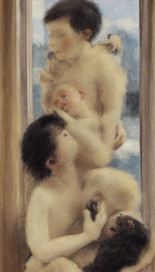 Image similar to still-life painting of a human-boy hugging a fuzzy baby-gorilla by the window, by Helene Schjerfbeck, in the style of 'Mother and Child 1886' by Helene Schjerfbeck. golden hour, dramatic lighting, volumetric lighting, intricately detailed, canvas print
