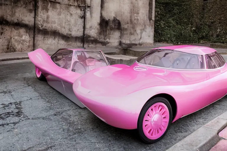 Image similar to Elegant photography of the pink panther car designed by Tesla
