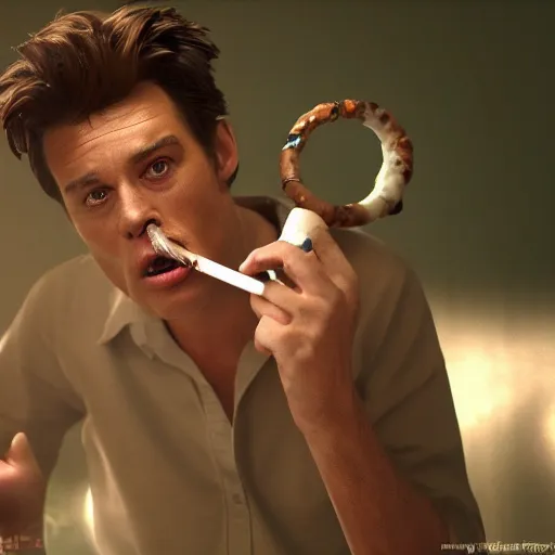 Image similar to hyperrealistic dslr film still of ace ventura smoking cracknpipe, stunning 8 k octane comprehensive 3 d render, inspired by istvan sandorfi & greg rutkowski & unreal engine, perfect symmetry, dim volumetric cinematic lighting, extremely hyper - detailed, extremely lifelike attributes & lifelike texture, intricate, masterpiece, artstation, stunning