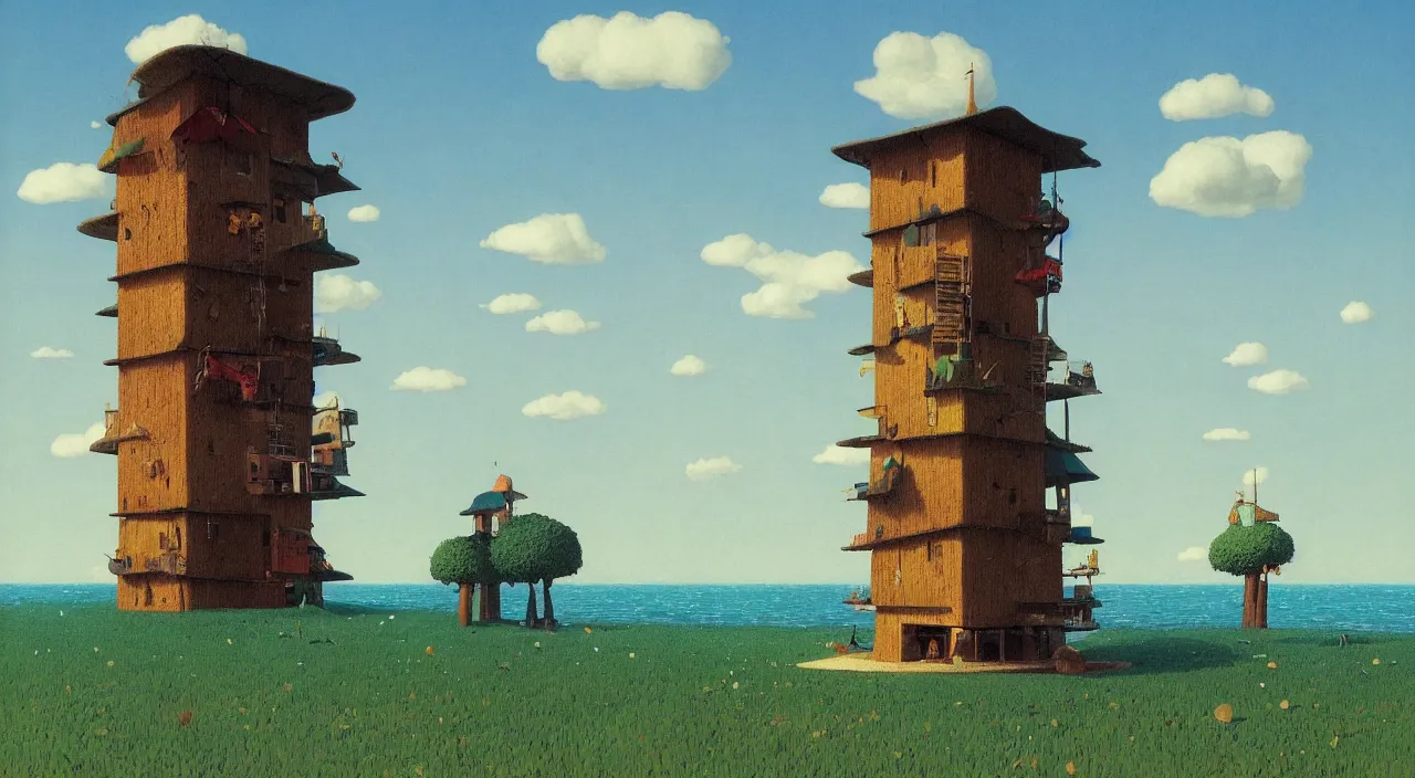 Image similar to single flooded simple mushroom wooden tower, very coherent and colorful high contrast!! masterpiece by rene magritte simon stalenhag carl spitzweg syd mead norman rockwell edward hopper james gilleard, minimalist, dark shadows, sunny day, hard lighting