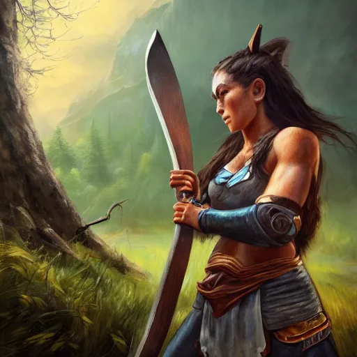 Image similar to a warrior woman in rests an axe on her shoulder, she is grabbing a nearby tree, looking onto the horizon, next to her is a wolf companion, fall, mountain landscape, portrait by magali villeneuve, 4 k, artstation, realistic, magic the gathering