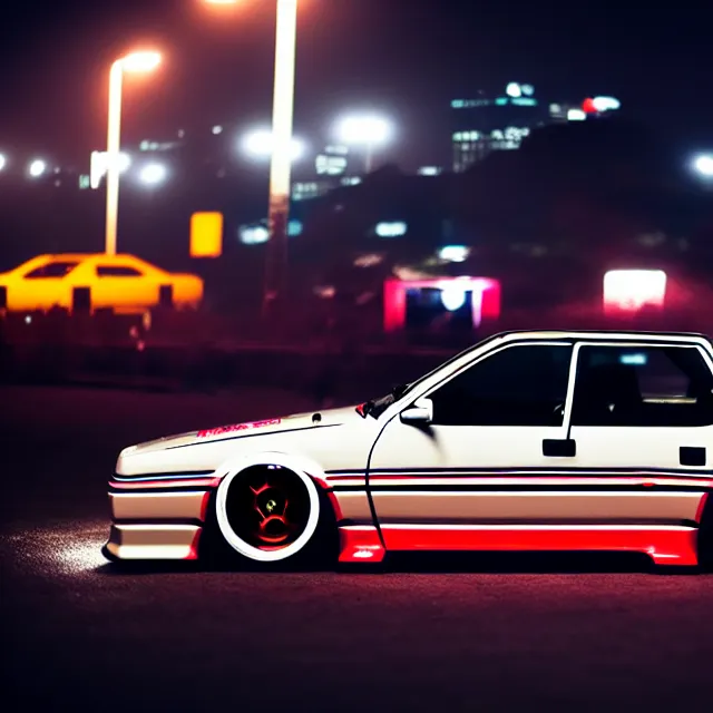 Image similar to a car R31X twin turbo drift at illegal car meet, Kanagawa prefecture, city midnight mist lights, cinematic lighting, photorealistic, highly detailed wheels, high detail