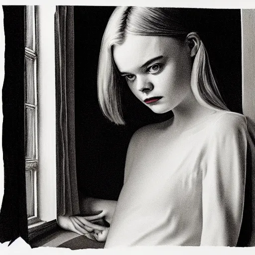 Prompt: Elle Fanning looking out the window of her hotel bedroom, dark, occult, rainy night, somber lighting, by Edward Hopper