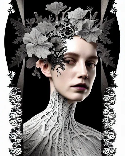 Image similar to monochrome profile portrait painting, dutch masters, silver lace floral steampunk biomechanical beautiful young female cyborg with one techno eye, volumetric light, leaves foliage and stems, hibiscus flowers, sinuous fine roots, fine foliage lace, alexander mcqueen, rim light, big gothic fashion floral pearl embroidered collar, 8 k