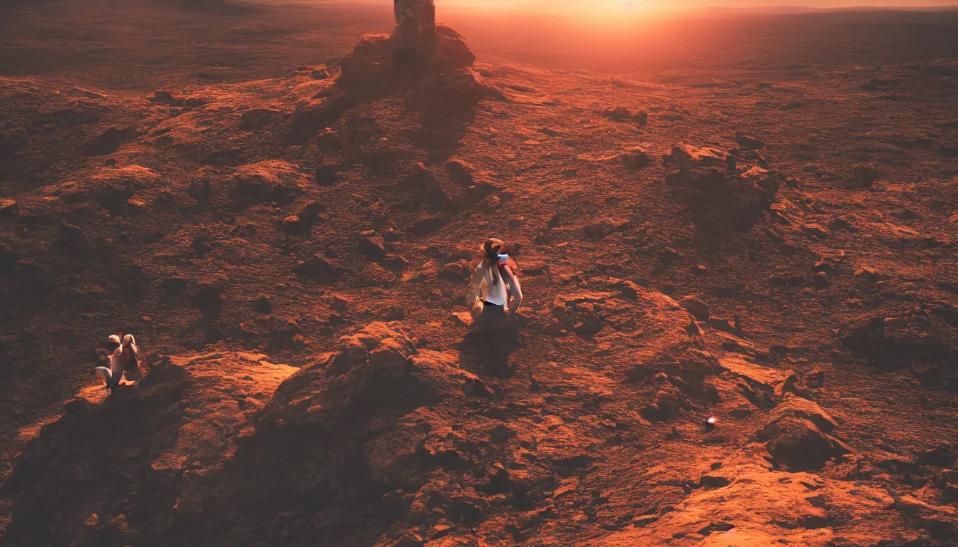 Prompt: futuristic lonely astronaut sitting on top of a mountain looking at the horizon of a unknown planet, close shot, sunset, cinematic, epic, dark scenario, 8k, award winning,