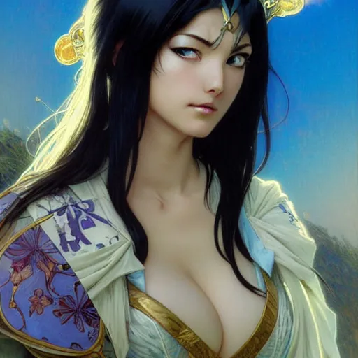 Image similar to highly detailed vfx portrait of nico robin by eiichiro oda!, makoto shinkai, alphonse mucha, msterpriece, art by artgerm and greg rutkowski!, blue eyes!!, large aquiline nose!!, gaston bussiere, stanley kubrick, kaoru mori, intricately detailed, behance, 4 k, hdr